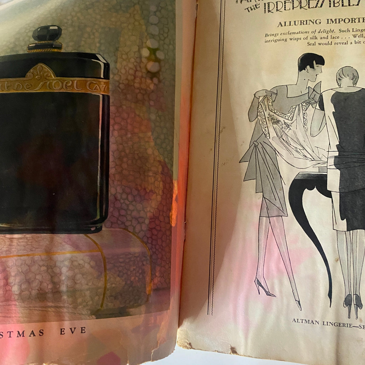 Interior page from The New Yorker Complete Magazine December 10, 1927 showcasing an advertisement with elegant art deco style and a vintage fragrance bottle.
