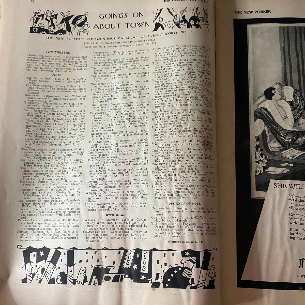 Page layout from The New Yorker Complete Magazine December 10, 1927 displaying the Concinential Calendar of Events with whimsical illustrations and typography.