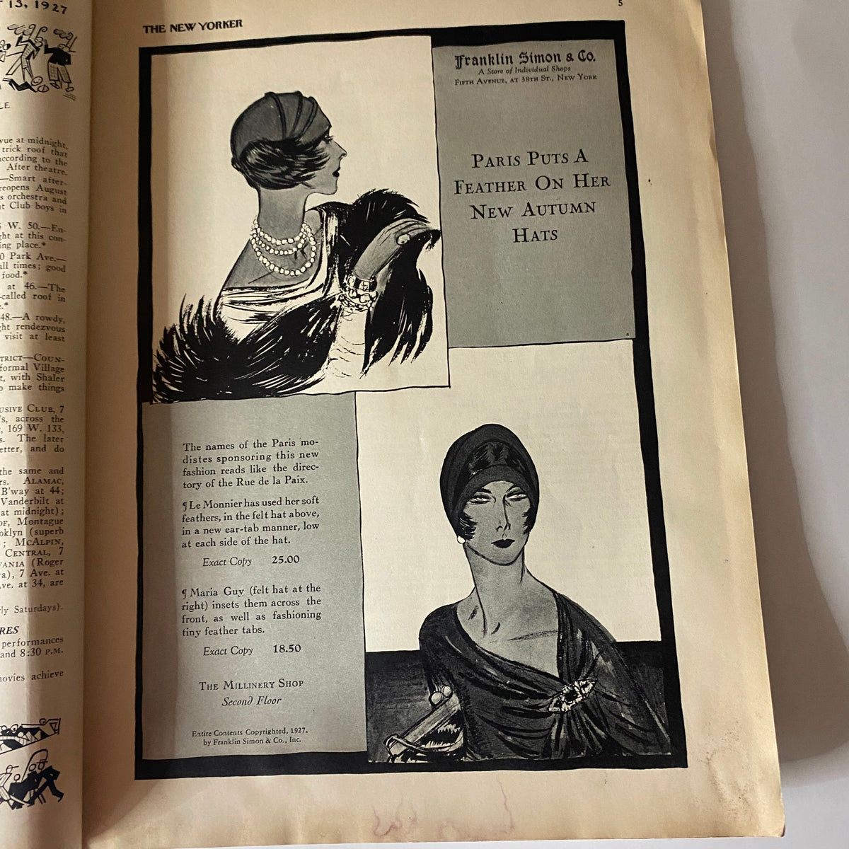 Advertisement page in The New Yorker Complete Magazine August 13, 1927 showcasing women's hats with elegant illustrations.