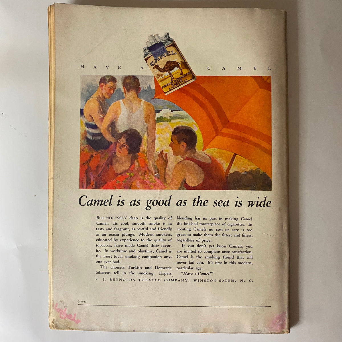 Back cover of The New Yorker Complete Magazine August 13, 1927 featuring a colorful advertisement for Camel cigarettes.