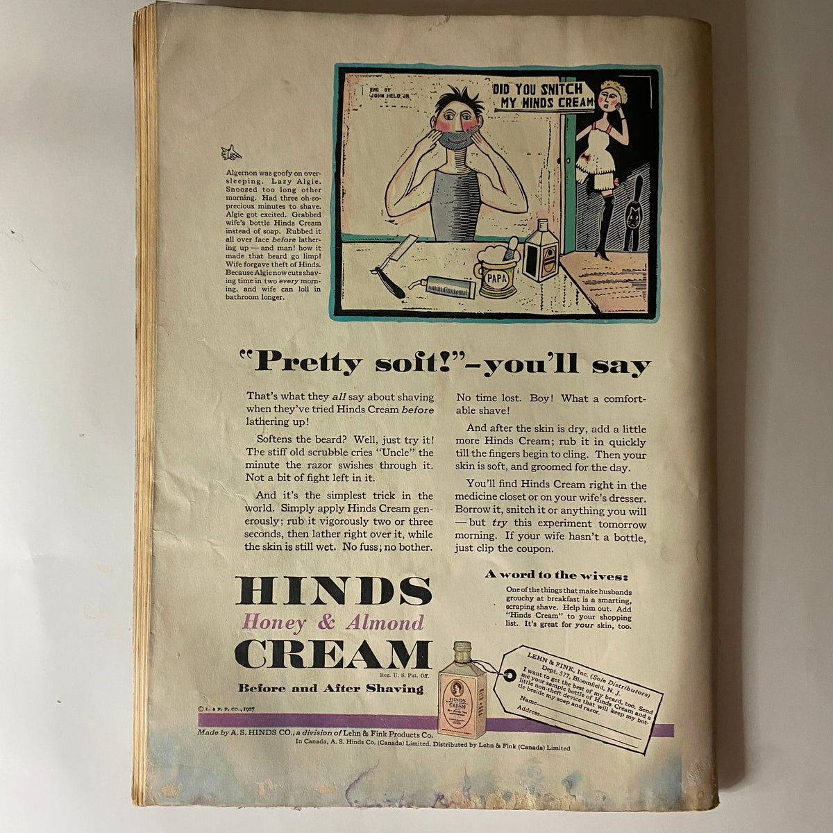 Vintage advertisement in The New Yorker Complete Magazine August 6, 1927, promoting Hinds Honey & Almond Cream for skin care.