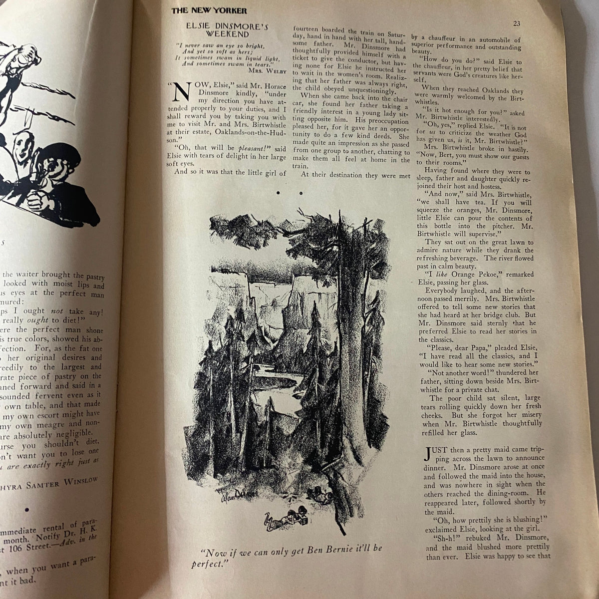 Illustration featured in The New Yorker Complete Magazine July 30, 1927, depicting a scenic landscape related to an article in the issue.