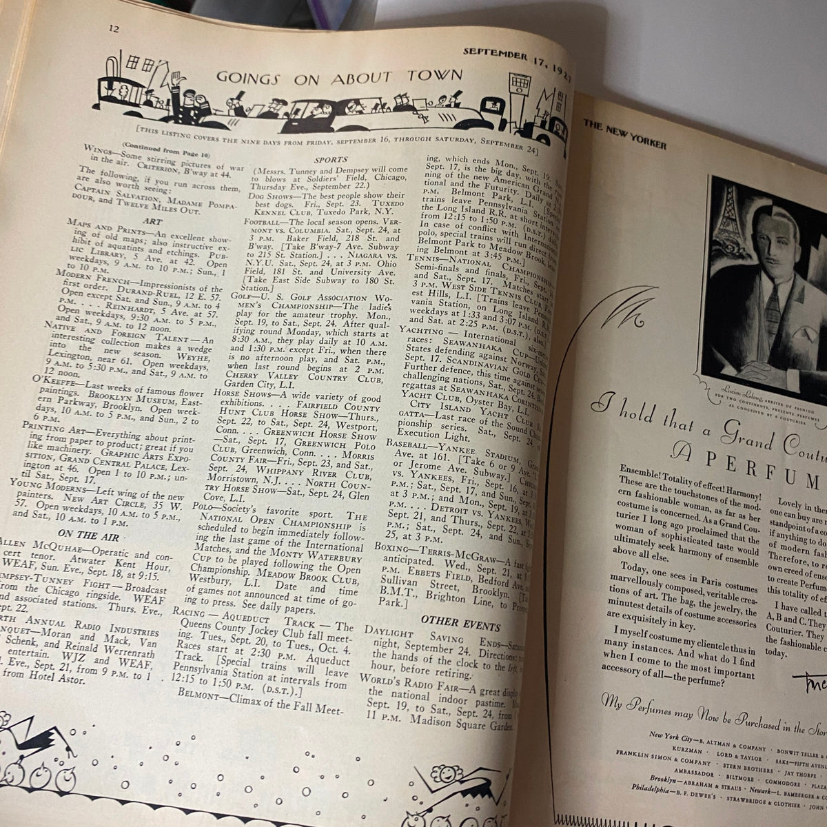 Interior page of The New Yorker Complete Magazine September 17, 1927 featuring the 'Goings On About Town' section, showcasing cultural events and activities of the era.