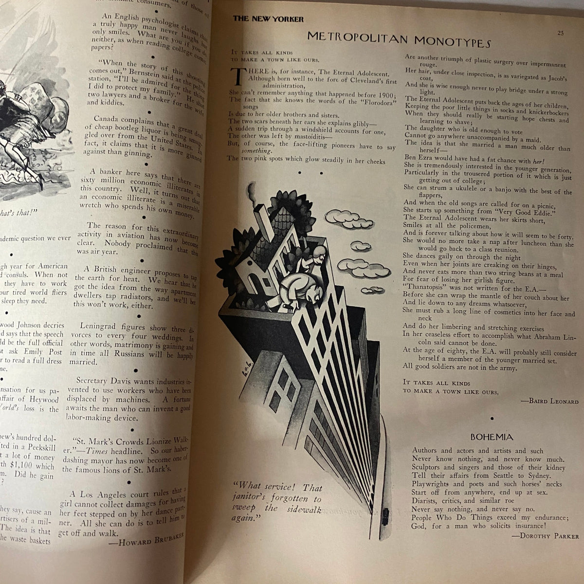 Interior page of The New Yorker Complete Magazine September 17, 1927 displaying a section titled 'Metropolitan Monotypes', illustrating urban life and commentary from that time.