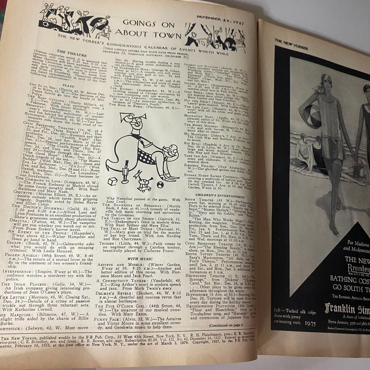 Interior pages of The New Yorker Complete Magazine December 24, 1927, featuring a calendar of events and an illustration of a cat.