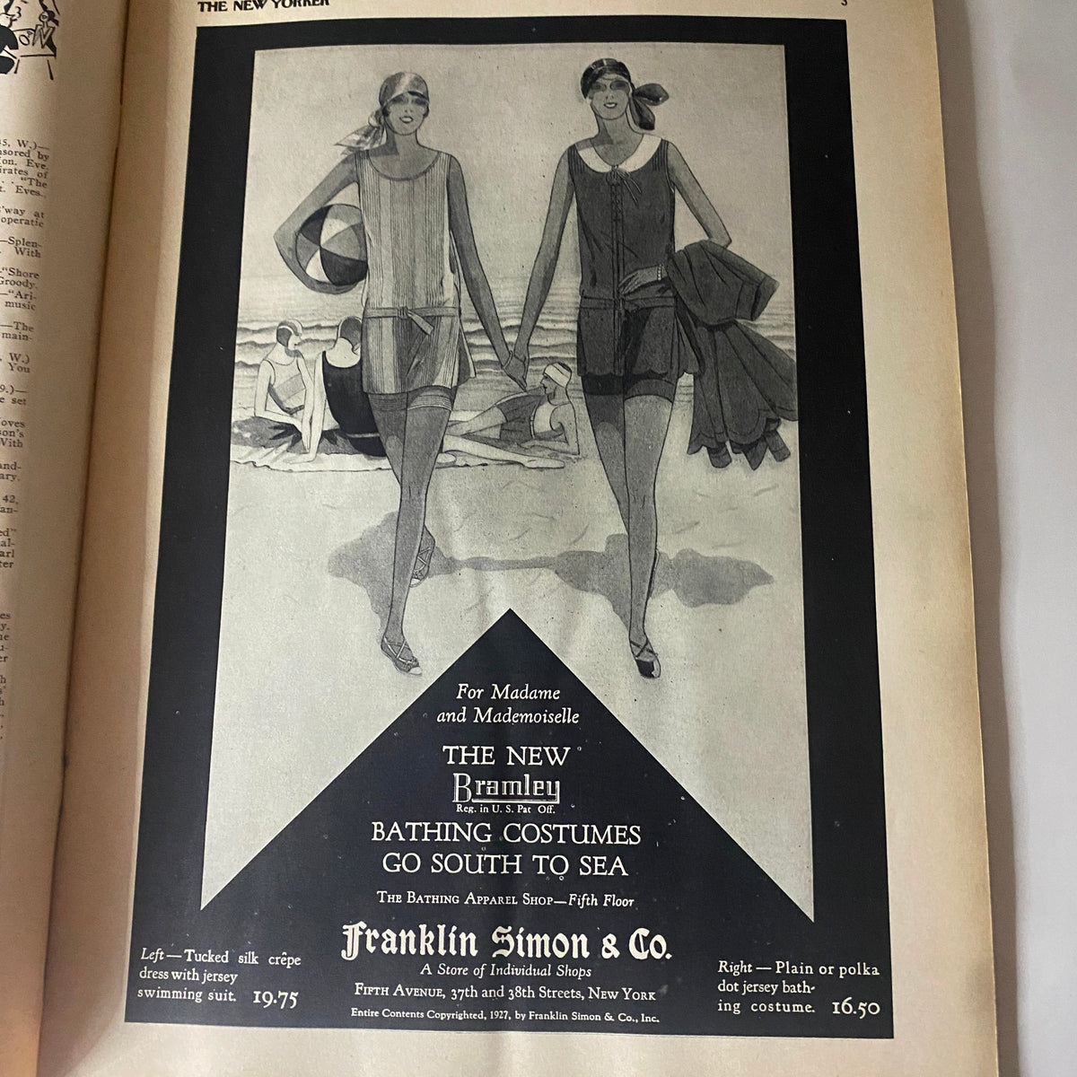 Advertisement from The New Yorker Complete Magazine December 24, 1927, showcasing fashionable bathing costumes for women by Franklin Simon & Co.