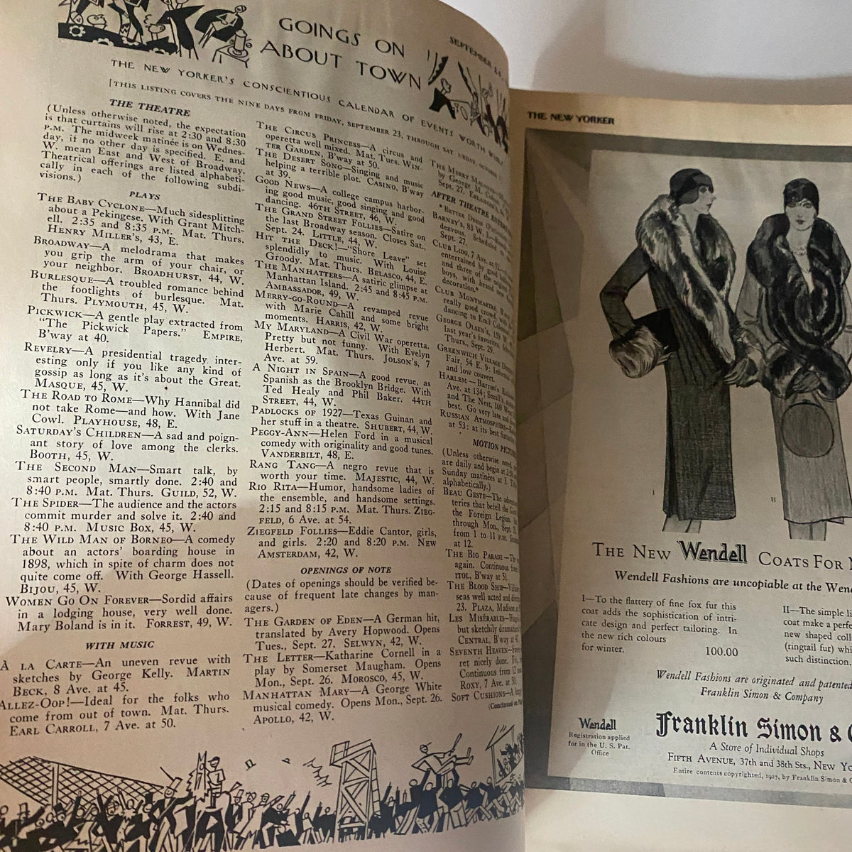Interior page of The New Yorker Complete Magazine September 24, 1927 showcasing theater events and advertisements.