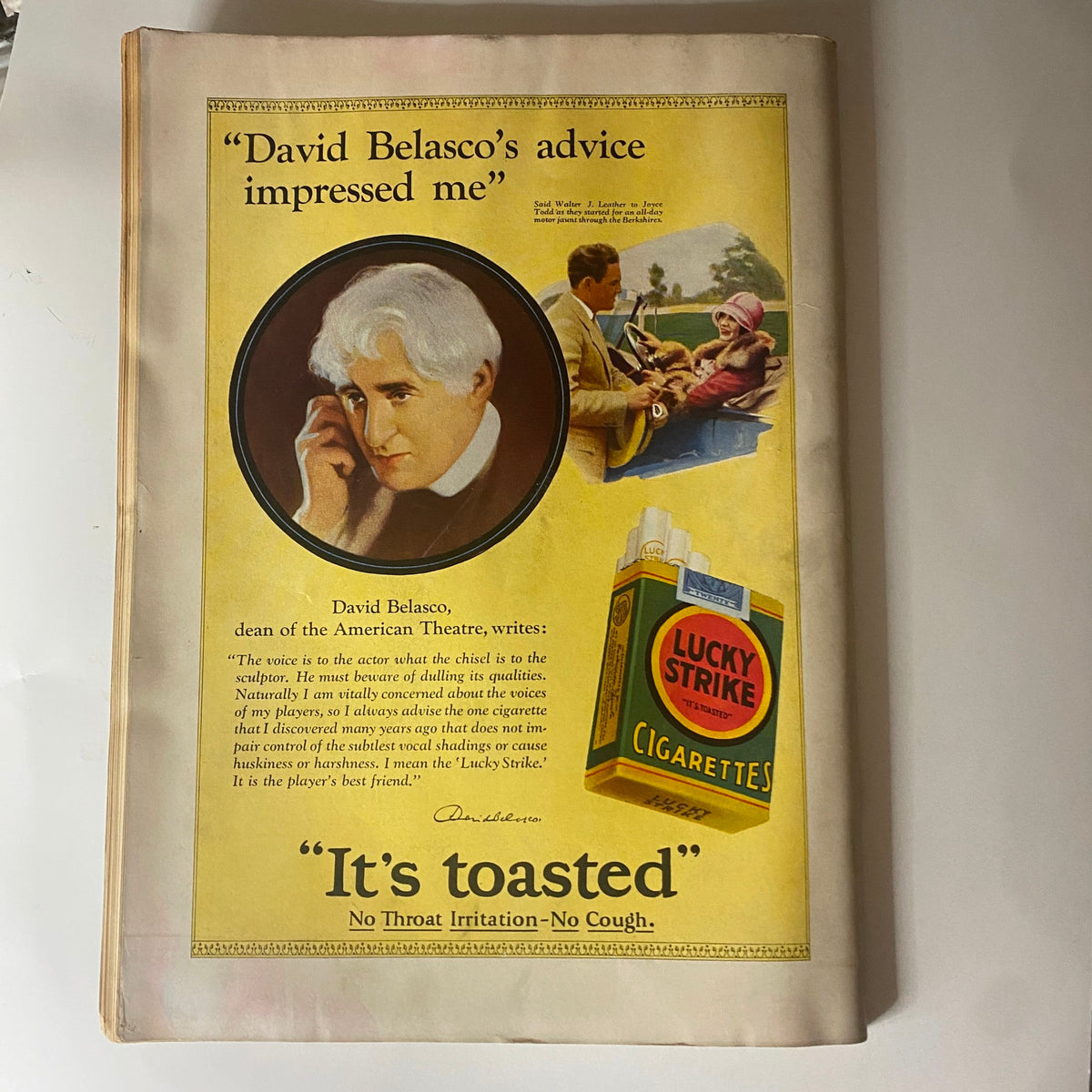 Vintage advertisement from The New Yorker Complete Magazine September 24, 1927 for Lucky Strike Cigarettes, featuring a portrait of David Belasco.