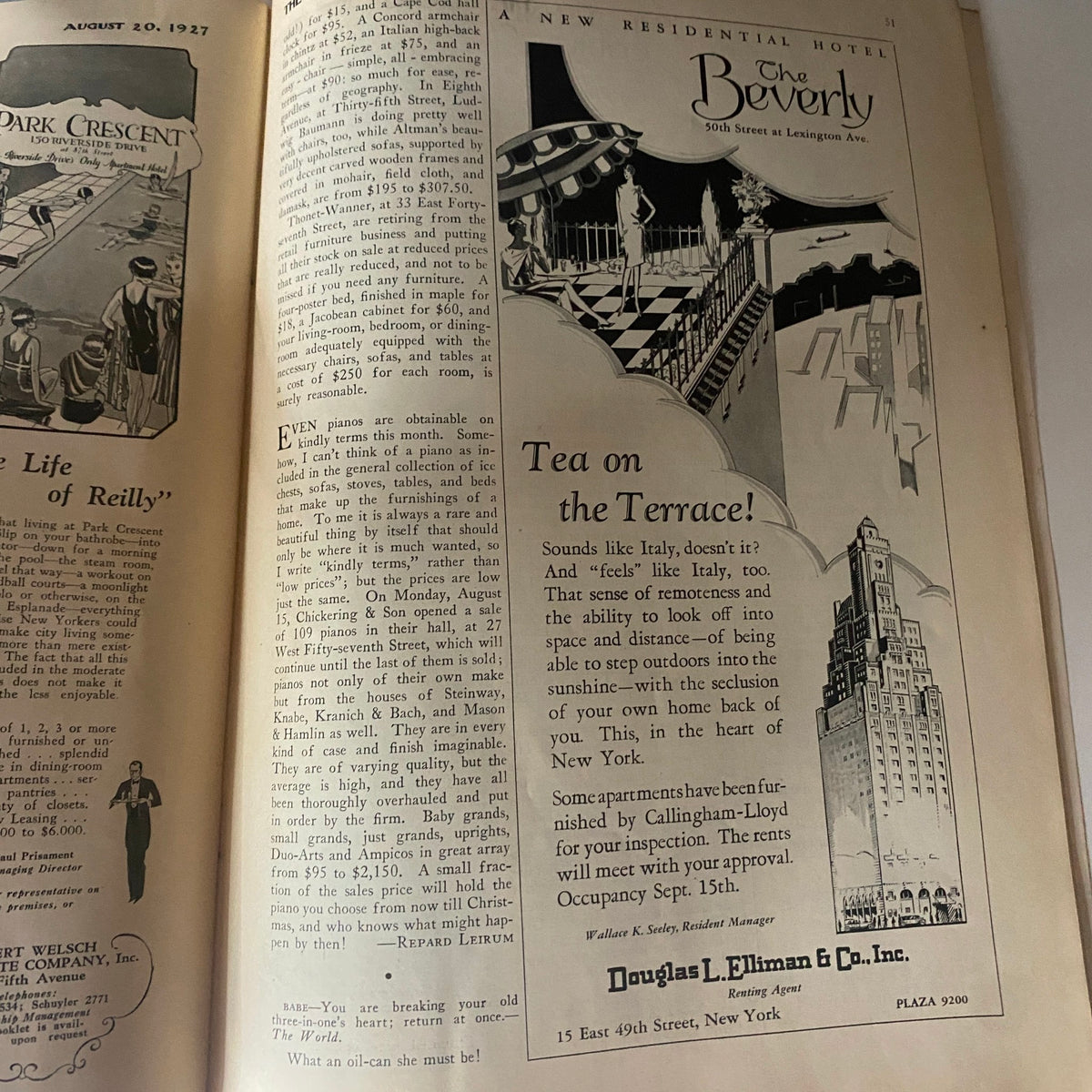 A detailed advertisement page from The New Yorker magazine, August 20, 1927, promoting The Beverly Hotel with an artistic design, reflecting 1920s architectural aesthetics.