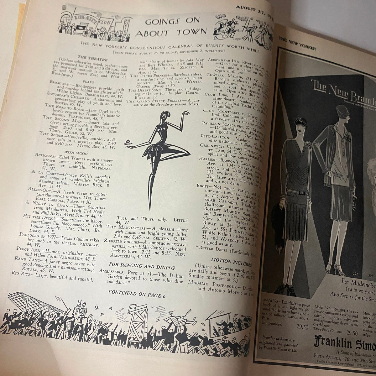 The New Yorker Complete Magazine August 27, 1927 interior page featuring calendar of events titled 'Goings On About Town', showcasing cultural happenings of the late 1920s.