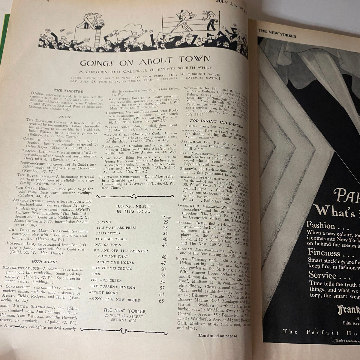 Inside page of The New Yorker Complete Magazine July 21, 1928 featuring the 'Goings On About Town' column, highlighting cultural events and activities in New York.