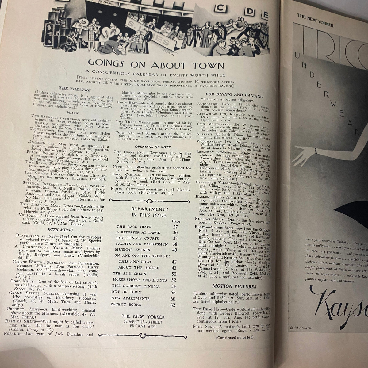 Page from The New Yorker Complete Magazine August 11, 1928 featuring the 'Goings on About Town' calendar of events, showcasing cultural insights from the late 1920s.