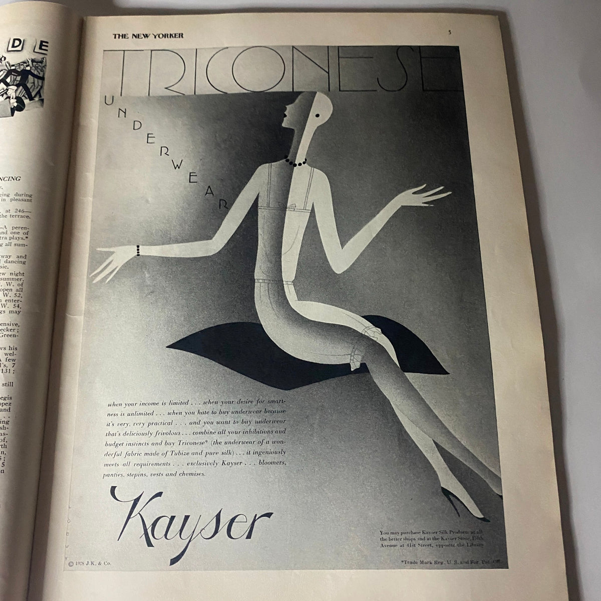 Illustration from The New Yorker Complete Magazine August 11, 1928 displaying a fashionable figure, part of a Kayser underwear advertisement, highlighting early 20th-century design.