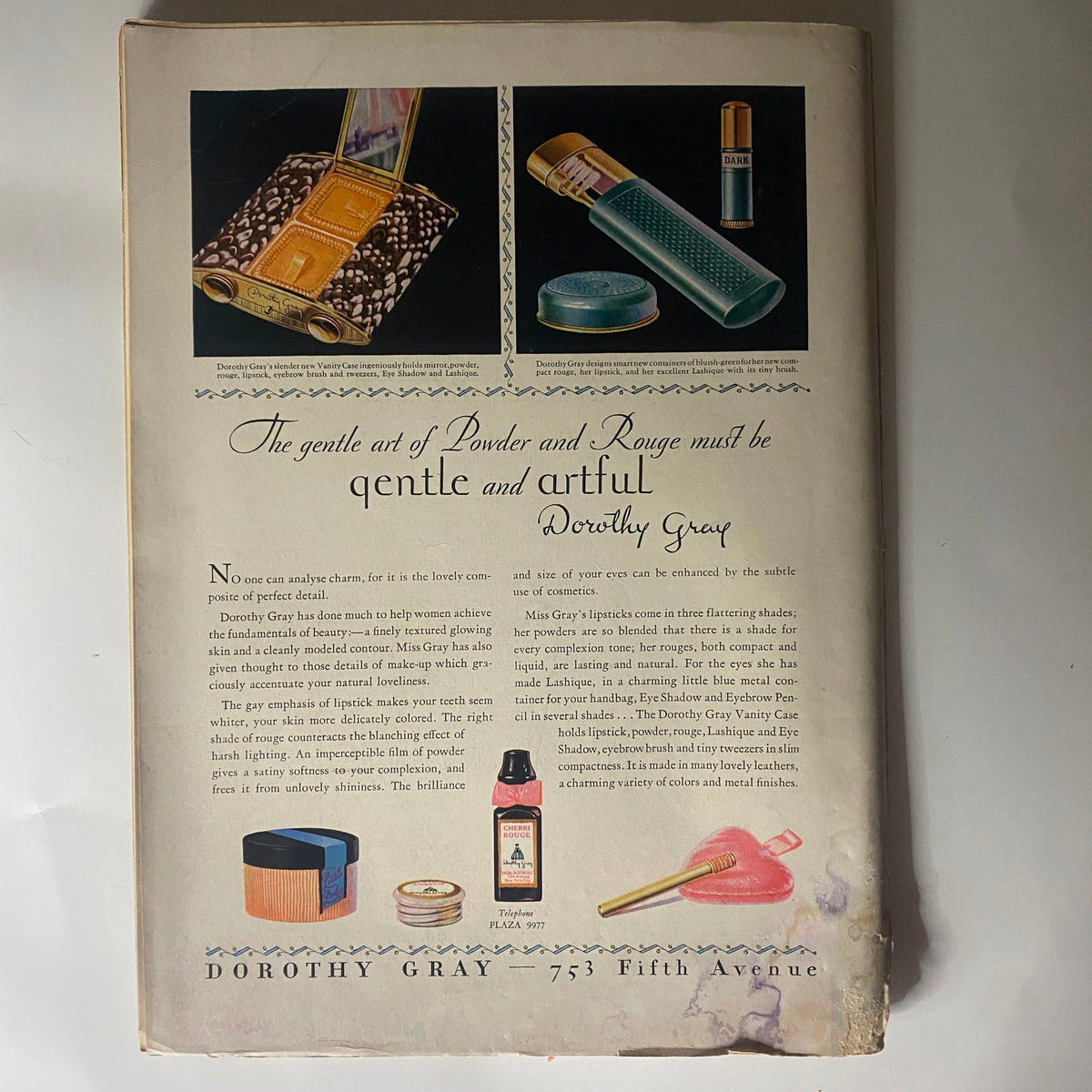 Vintage advertisement for Dorothy Gray cosmetics featuring the tagline 'The gentle art of Powder and Rouge must be gentle and artful', from The New Yorker Complete Magazine March 17, 1928.