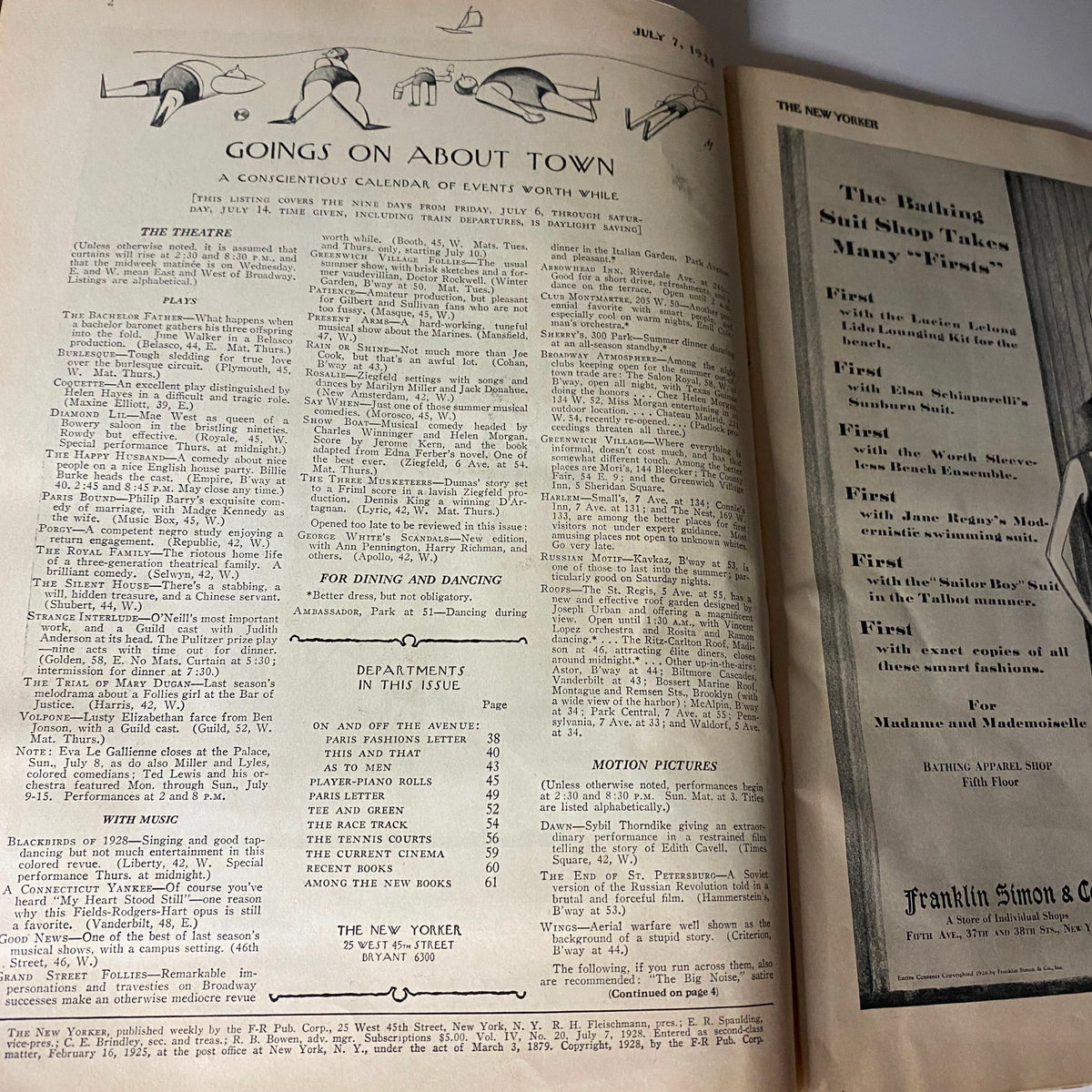 Inside page of The New Yorker Complete Magazine July 7, 1928 featuring the Goings On About Town section, including a theater calendar and listings for plays, motion pictures, and dining options.
