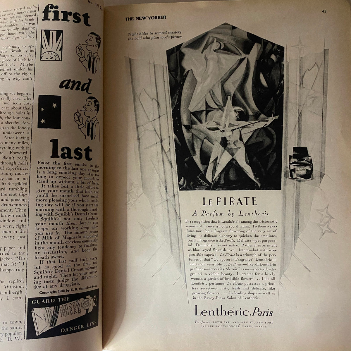 Interior page of The New Yorker Complete Magazine – October 6, 1928 displaying an advertisement for 'Le Pirate', a perfume by Lentheric, reflecting the artistic design style of the era.
