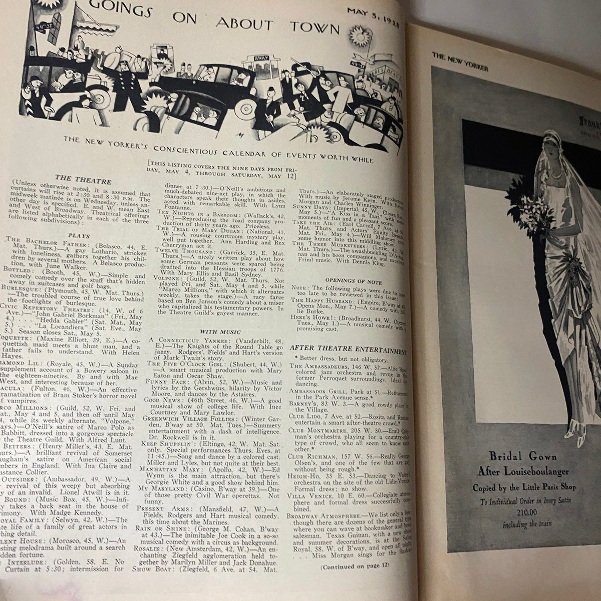 Interior page of The New Yorker Complete Magazine May 5, 1928 showcasing the calendar of events titled 'Goings On About Town'.