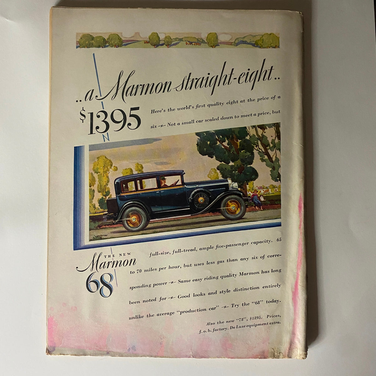 The back cover of The New Yorker Complete Magazine May 5, 1928, advertising a Marmon straight-eight car, highlighting its luxury features and vintage automotive design.