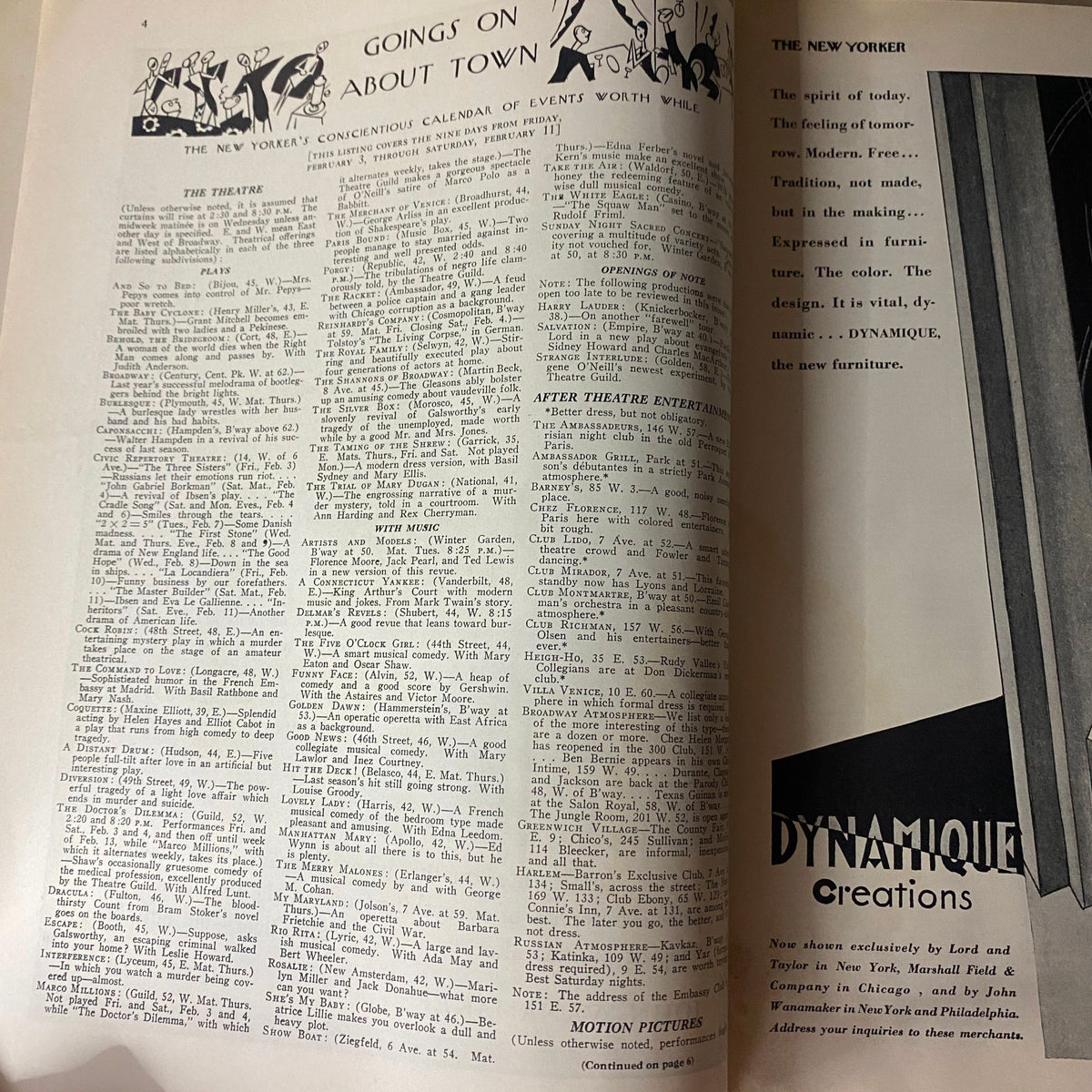 Interior page of The New Yorker Complete Magazine February 4, 1928 showcasing the 'Goings On About Town' calendar section and advertisements reflecting the era.