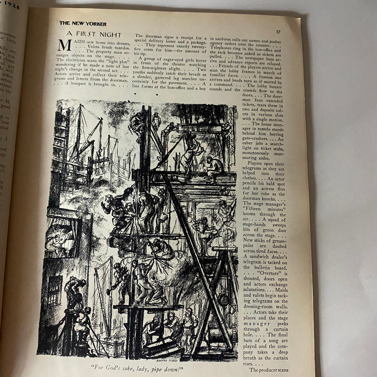 The New Yorker Complete Magazine February 4, 1928, displays an article titled 'A First Night' with an artistic illustration depicting a theatrical scene, capturing the essence of entertainment in the 1920s.