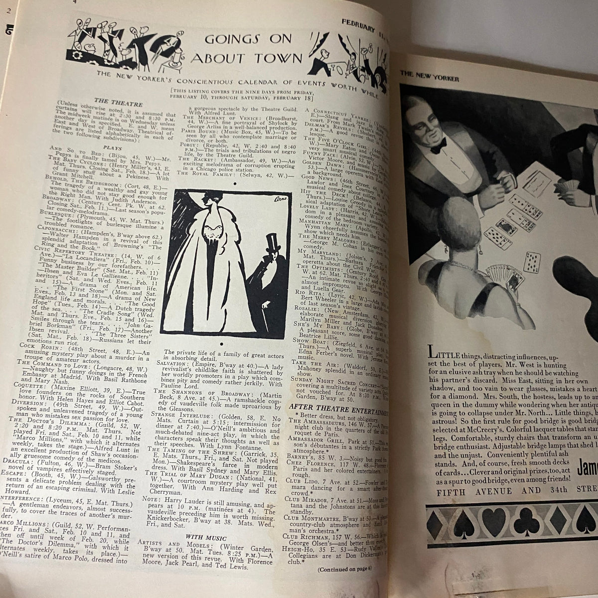 Page displaying the 'Goings on About Town' section from The New Yorker Complete Magazine February 11, 1928, highlighting social events.