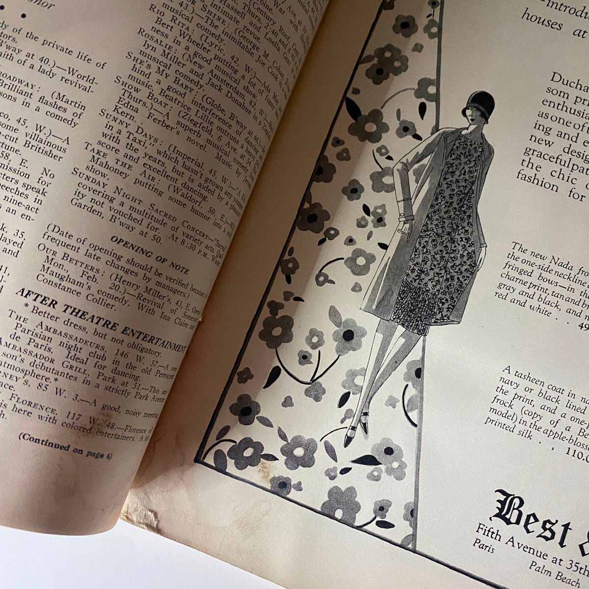 Interior page from The New Yorker Complete Magazine February 18, 1928, featuring an elegant fashion illustration of a woman dressed in 1920s attire amidst articles detailing cultural events.
