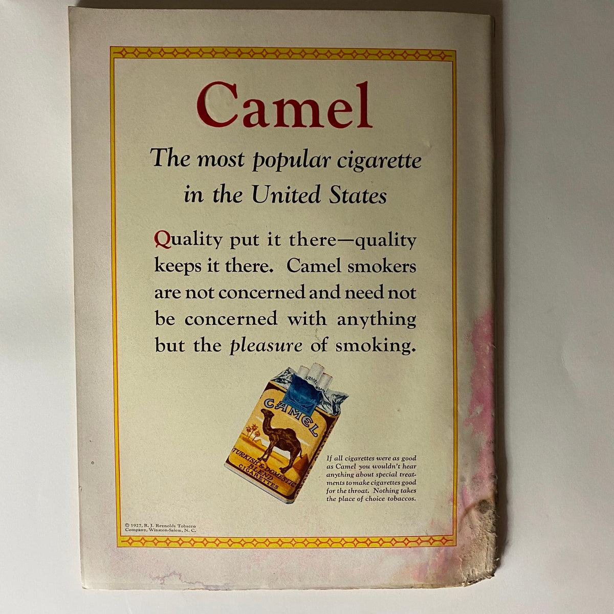 Advertisement for Camel cigarettes in The New Yorker Complete Magazine February 25, 1928 highlighting its popularity in the United States.
