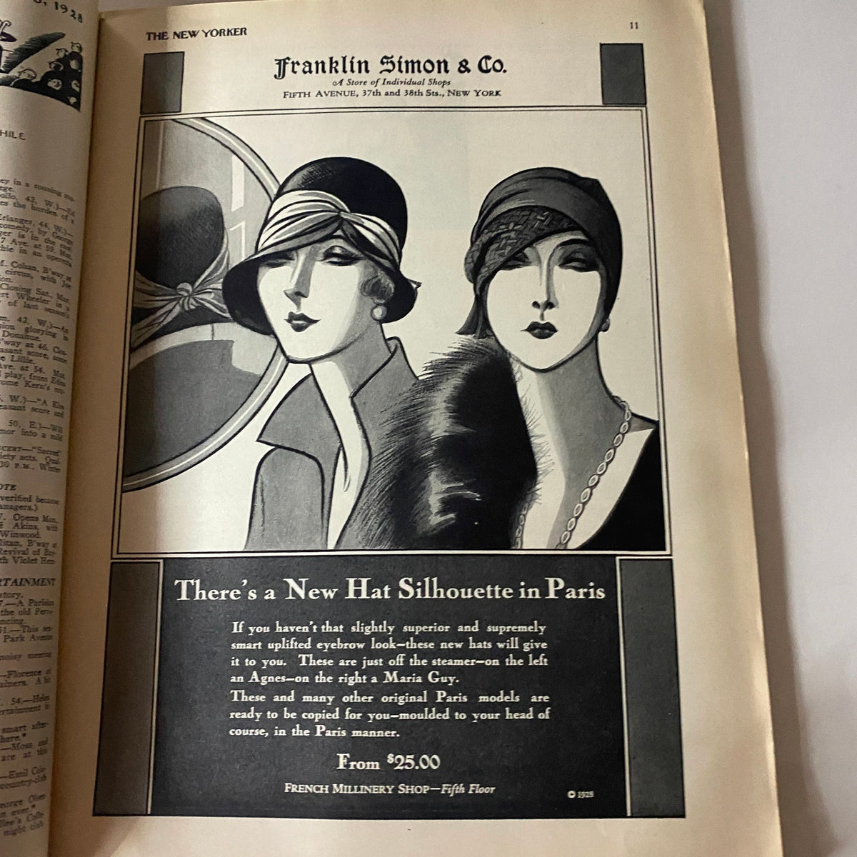 Ad for Franklin Simon & Co. in The New Yorker Complete Magazine – March 3, 1928, showcasing elegant hats with stylish flapper designs.