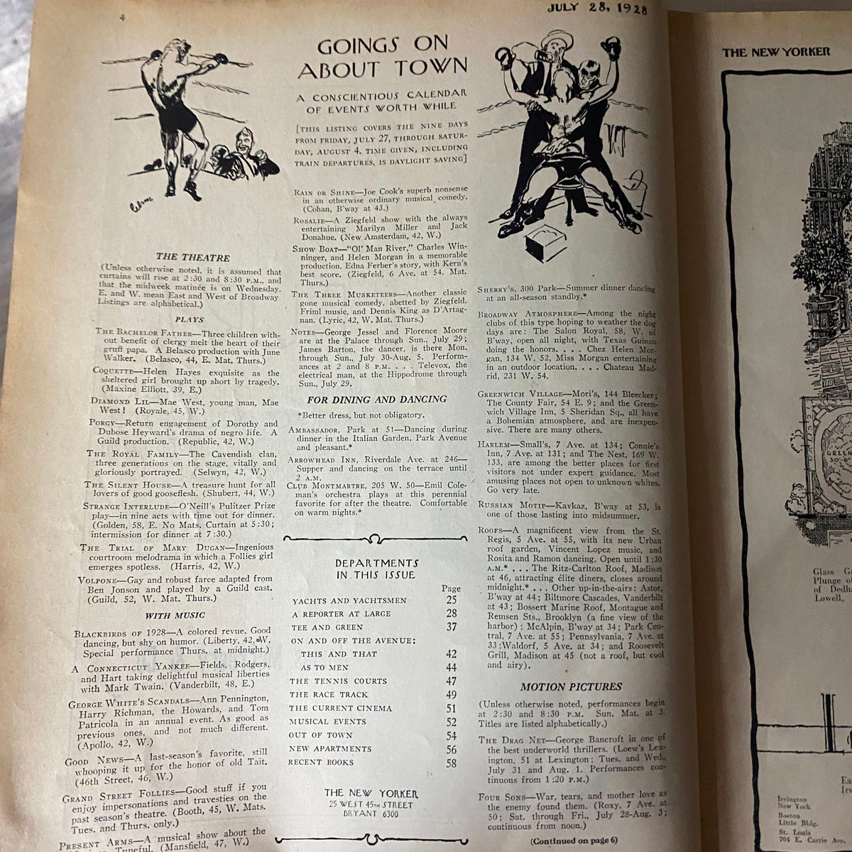 Goings On About Town section from The New Yorker Complete Magazine July 28, 1928, featuring theatrical events and a calendar of activities.
