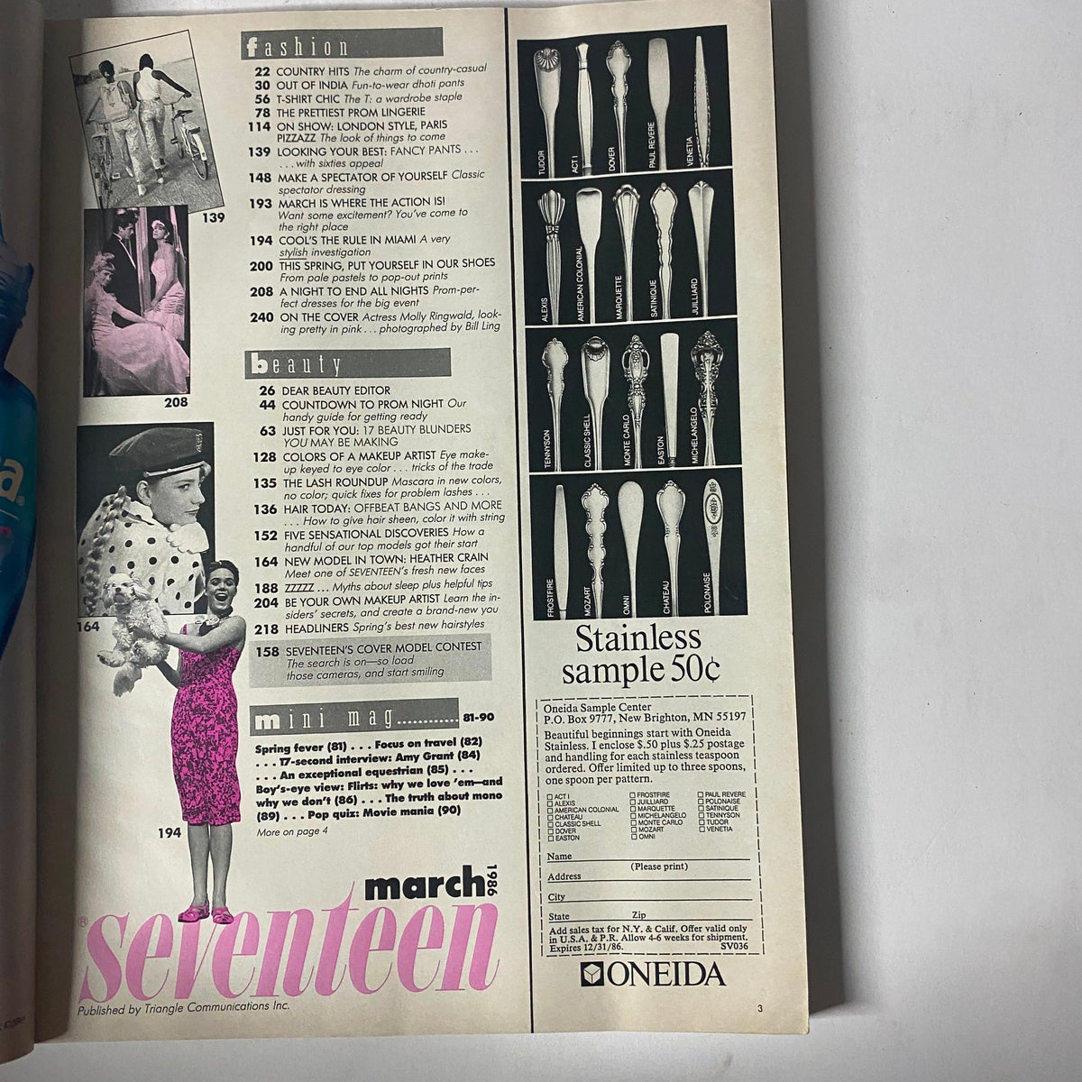 Seventeen Magazine March 1986 featuring a page that includes fashion and beauty tips, with items like 'Country Hits' and 'Countdown to Prom Night', alongside a list of magazine contents.