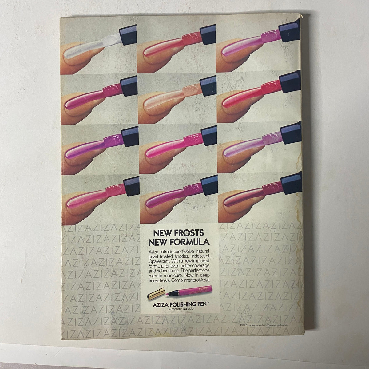 Seventeen Magazine March 1986 showcasing a product advertisement for Aziza Polishing Pen with various nail polish shades displayed, emphasizing vibrant color options.