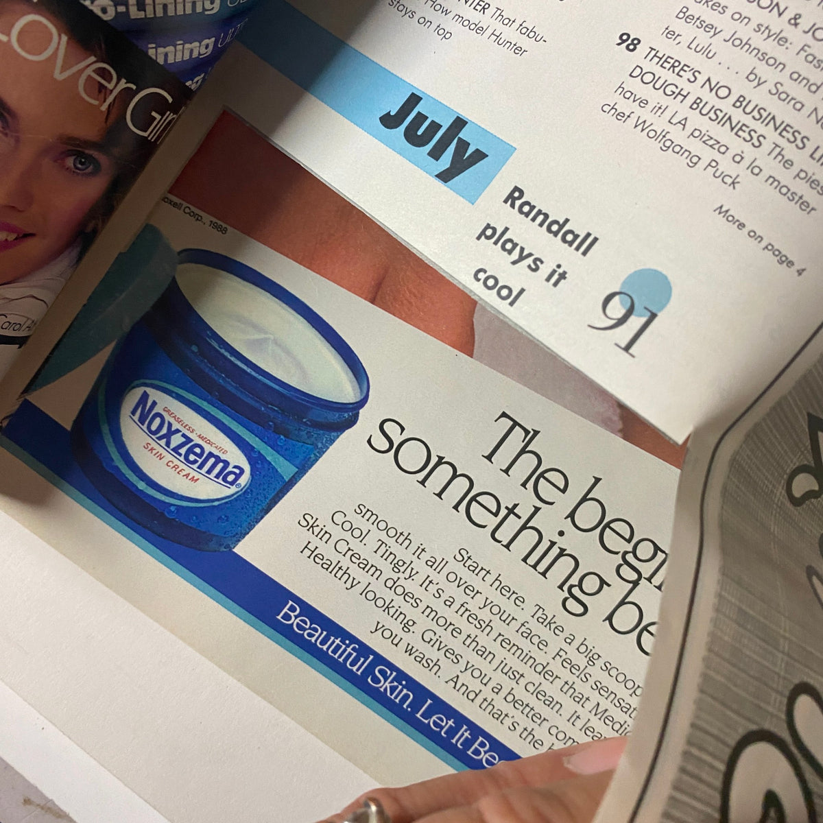 Seventeen Magazine July 1988 The Chynna Syndrome Feature page with Norxena advertisement promoting beautiful skin, part of the magazine's beauty section.