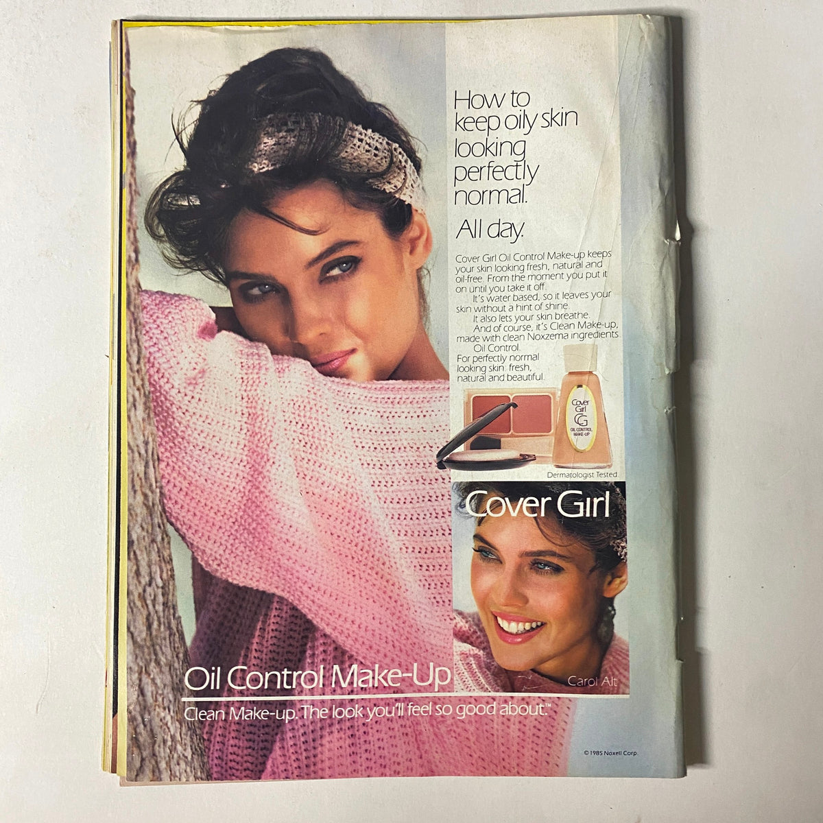 Cover page from 'Teen Magazine September 1986 Tina Yothers 'A Family Ties' featuring a beauty advertisement for Cover Girl's Oil Control Make-Up, showcasing a model with glowing skin and a stylish pink sweater.