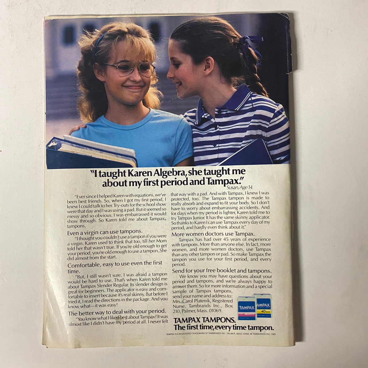 Back cover of 'Teen Magazine June 1986 Vol 30 No. 6' with an advertisement about Tampax, featuring two girls in conversation.
