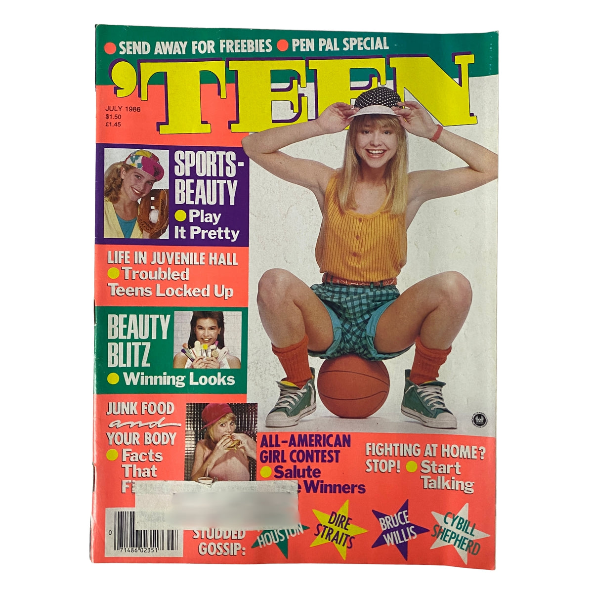 Teen Magazine July 1986 Vol 30 No. 7 featuring cover art of a trendy girl in sports attire sitting on a basketball, highlighting themes of beauty and teenage life.