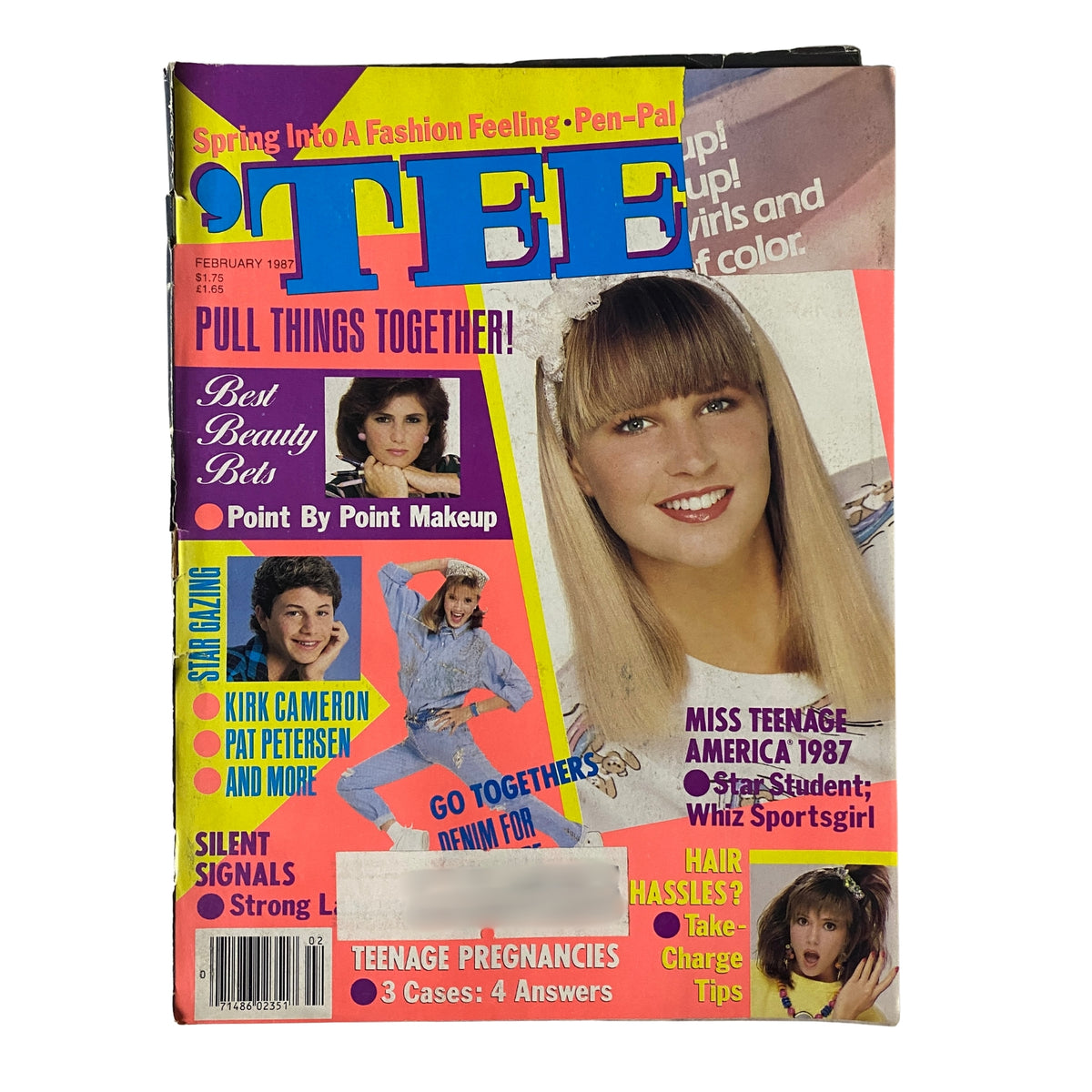 Teen Magazine February 1987 Volume 31 Number 2 featuring Kirk Cameron and Pat Petersen on the cover, highlighting beauty tips and fashion trends.