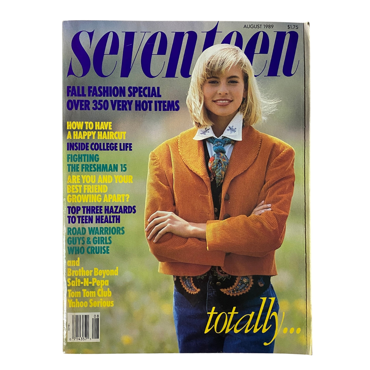 Cover of Seventeen Magazine August 1989 featuring the theme 'Road Warriors: Guys & Girls Who Cruise'. The cover displays a model in a stylish orange blazer with a floral shirt, embodying late-1980s fashion trends, along with headlines about fashion, college life, and youth culture.