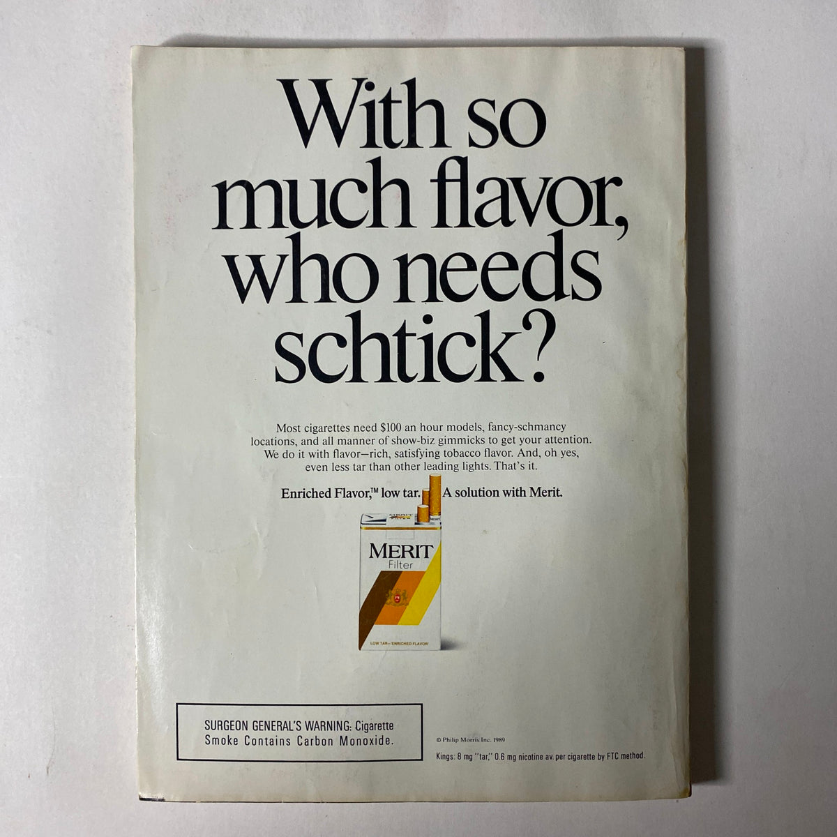 The back cover of Cosmopolitan Magazine August 1989, featuring a cigarette advertisement emphasizing brand flavor, representative of marketing trends from the late 1980s.