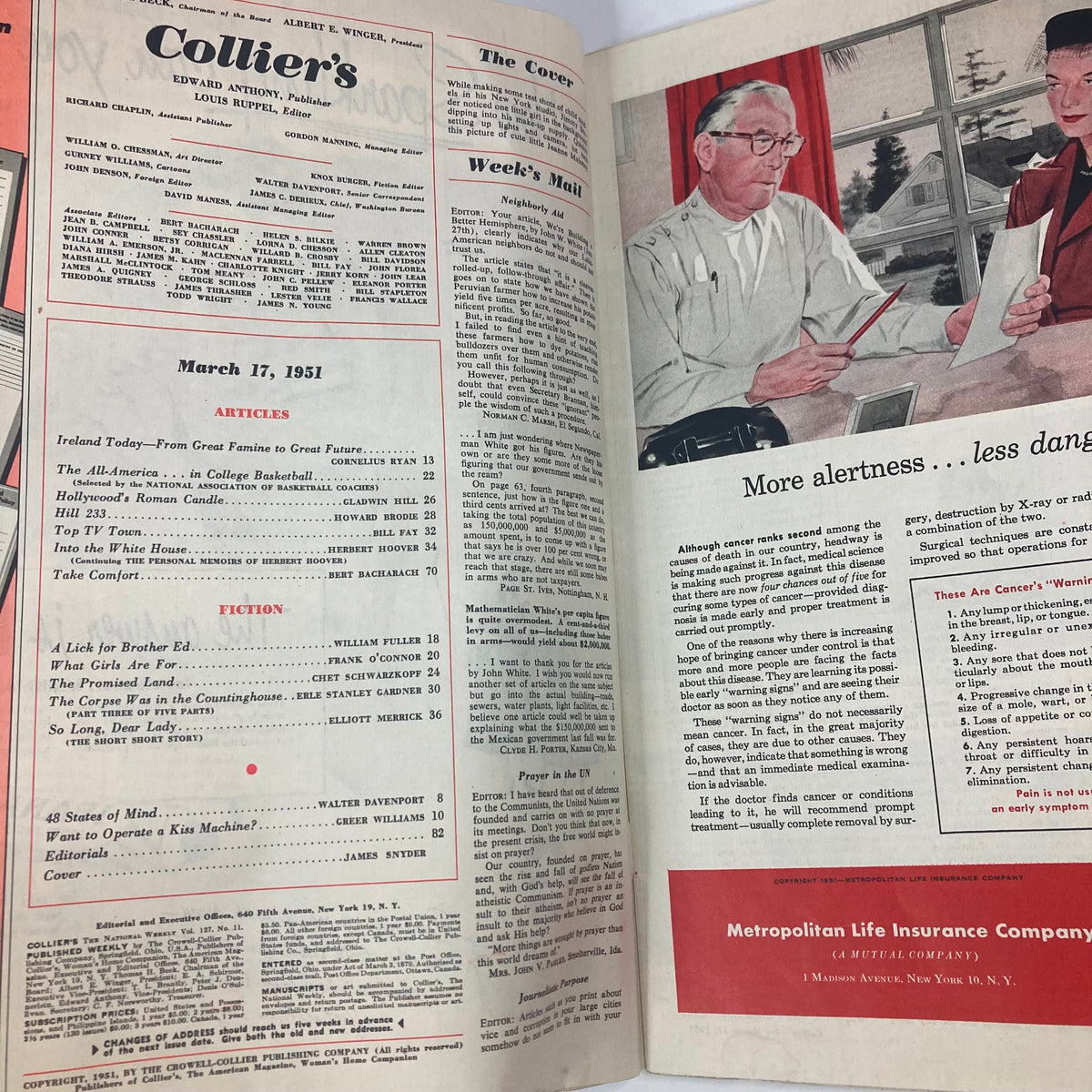 Inside page of VTG Collier's Magazine March 17 1951 Vol 127 No. 11 showcasing articles and advertisements, reflecting the post-World War II atmosphere.