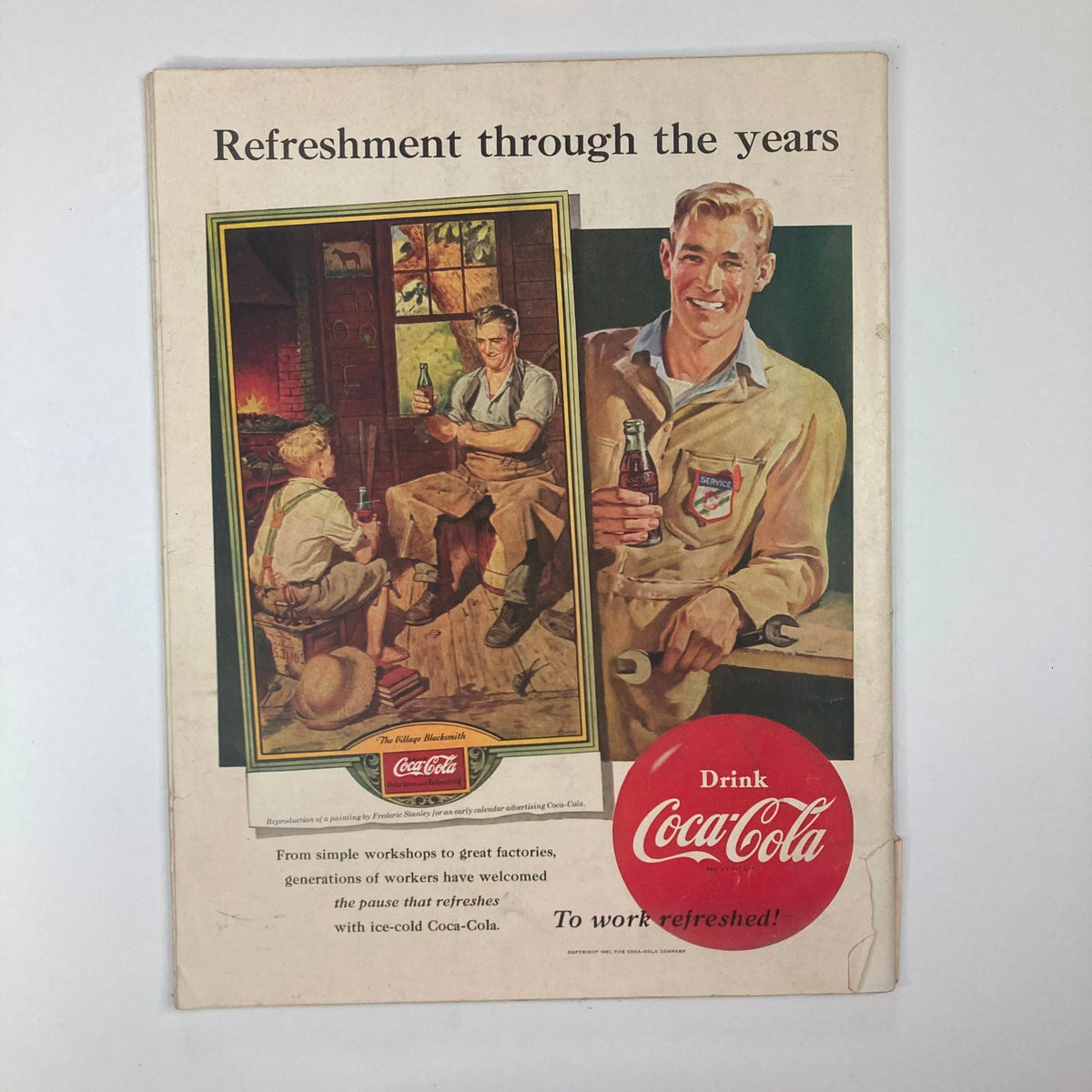 Cover of a vintage Coca-Cola advertisement featuring workers enjoying refreshments, from the publication collated within VTG Collier's Magazine March 17 1951 Vol 127 No. 11.