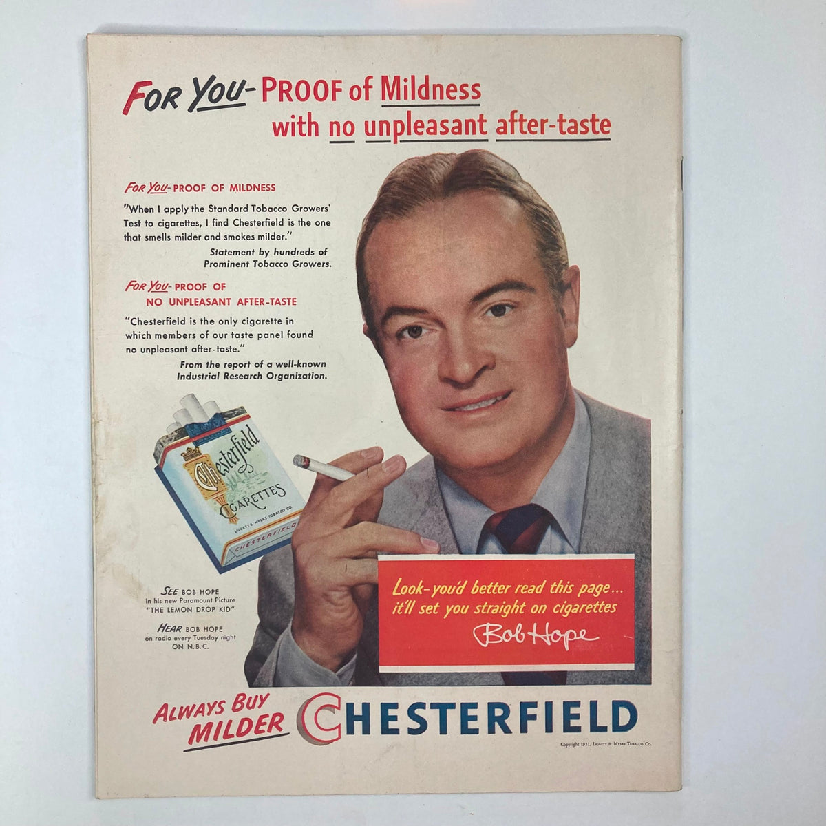 Back cover of VTG Collier's Magazine April 14 1951 featuring a vintage Chesterfield cigarette advertisement with Bob Hope, showcasing mid-20th century advertising styles.