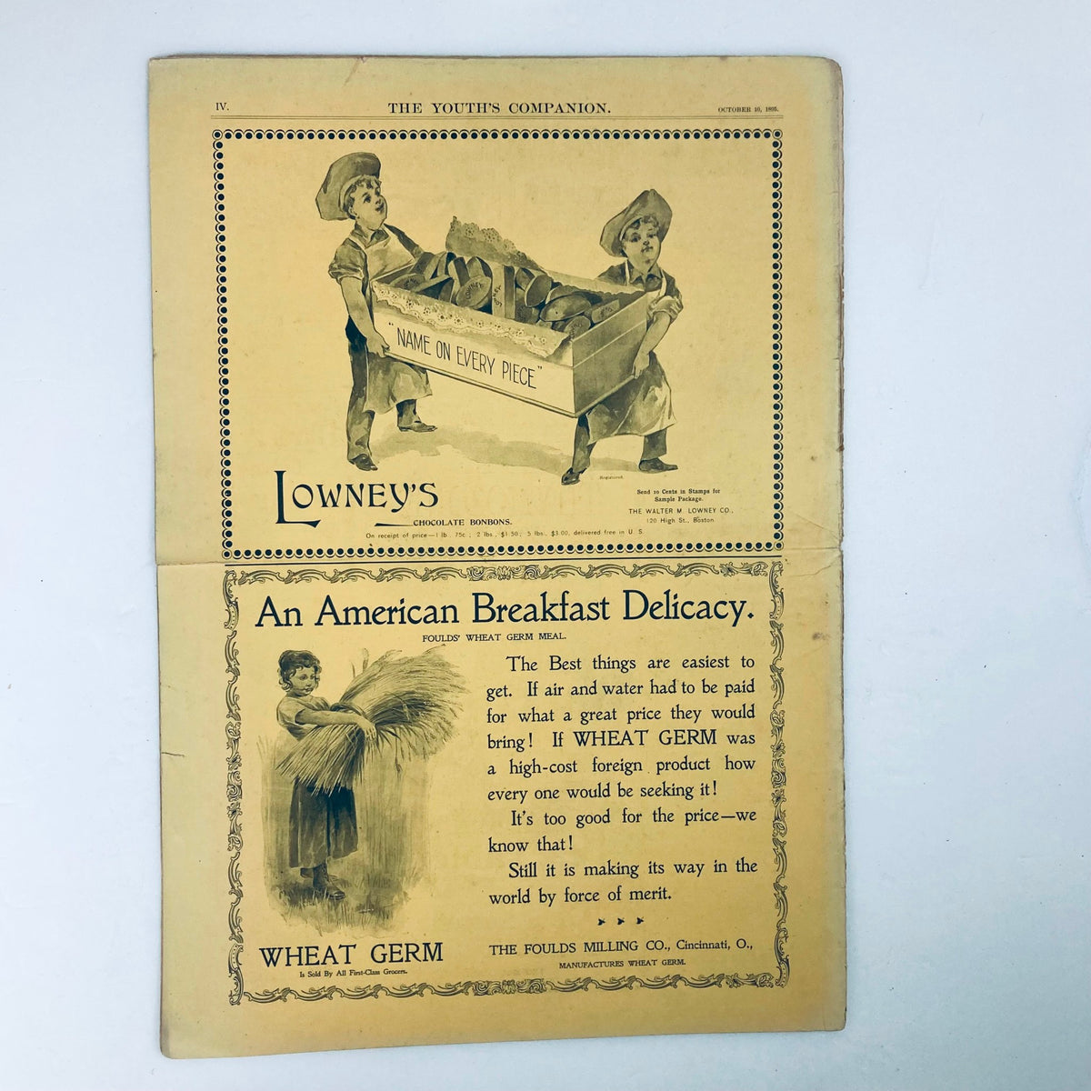 Back page of VTG The Youth's Companion Magazine dated October 10, 1895, advertising Wheat Germ and featuring two children dressed as bakers, highlighting vintage advertising style from the late 1800s.