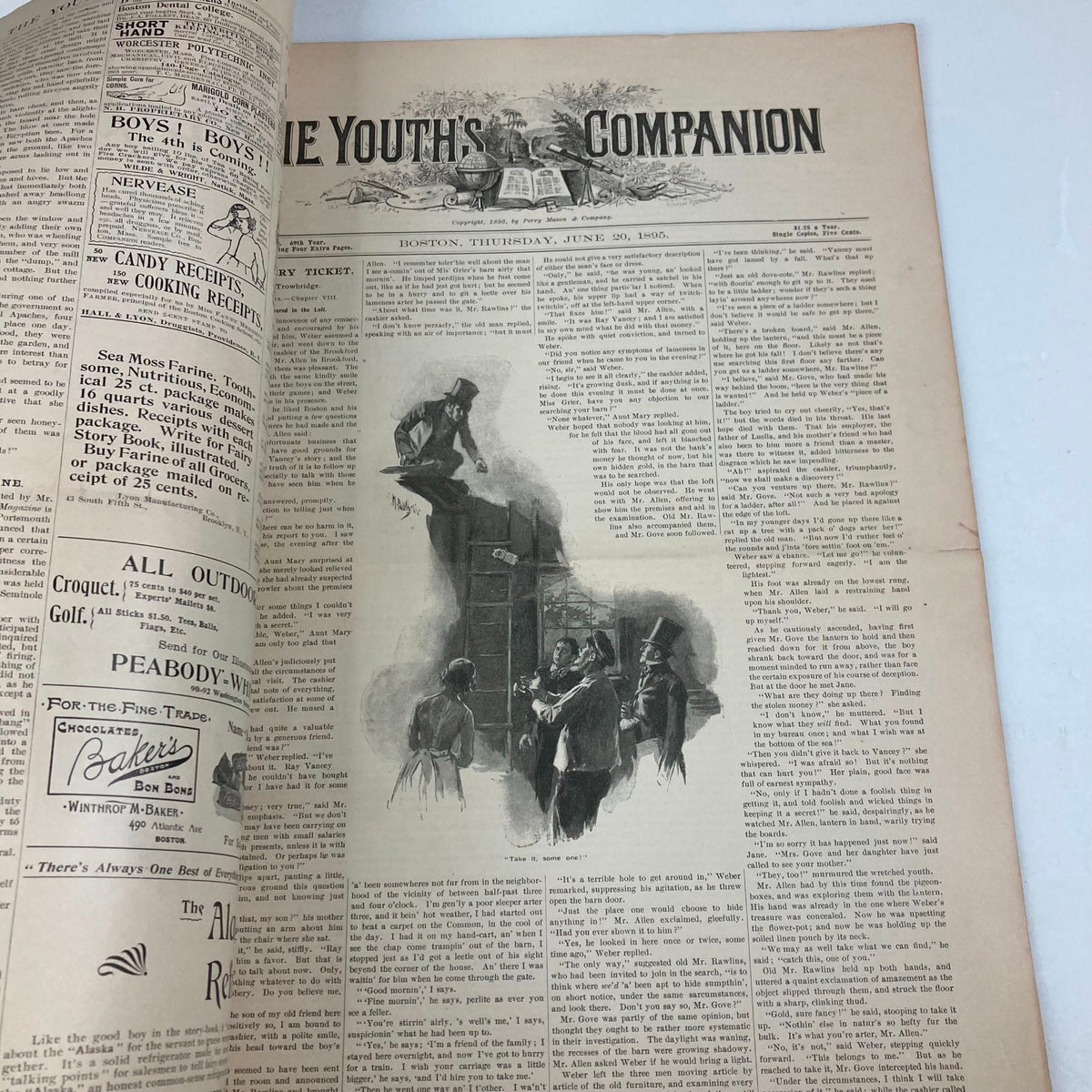 Inside pages of The Youth's Companion Magazine from June 20, 1895, highlighting articles and engravings, an insight into 19th-century American magazine design.