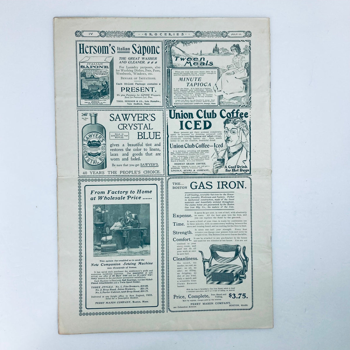 Interior page of VTG The Youth's Companion Magazine from July 11, 1901, displaying antique advertisements and product listings from the early 20th century.