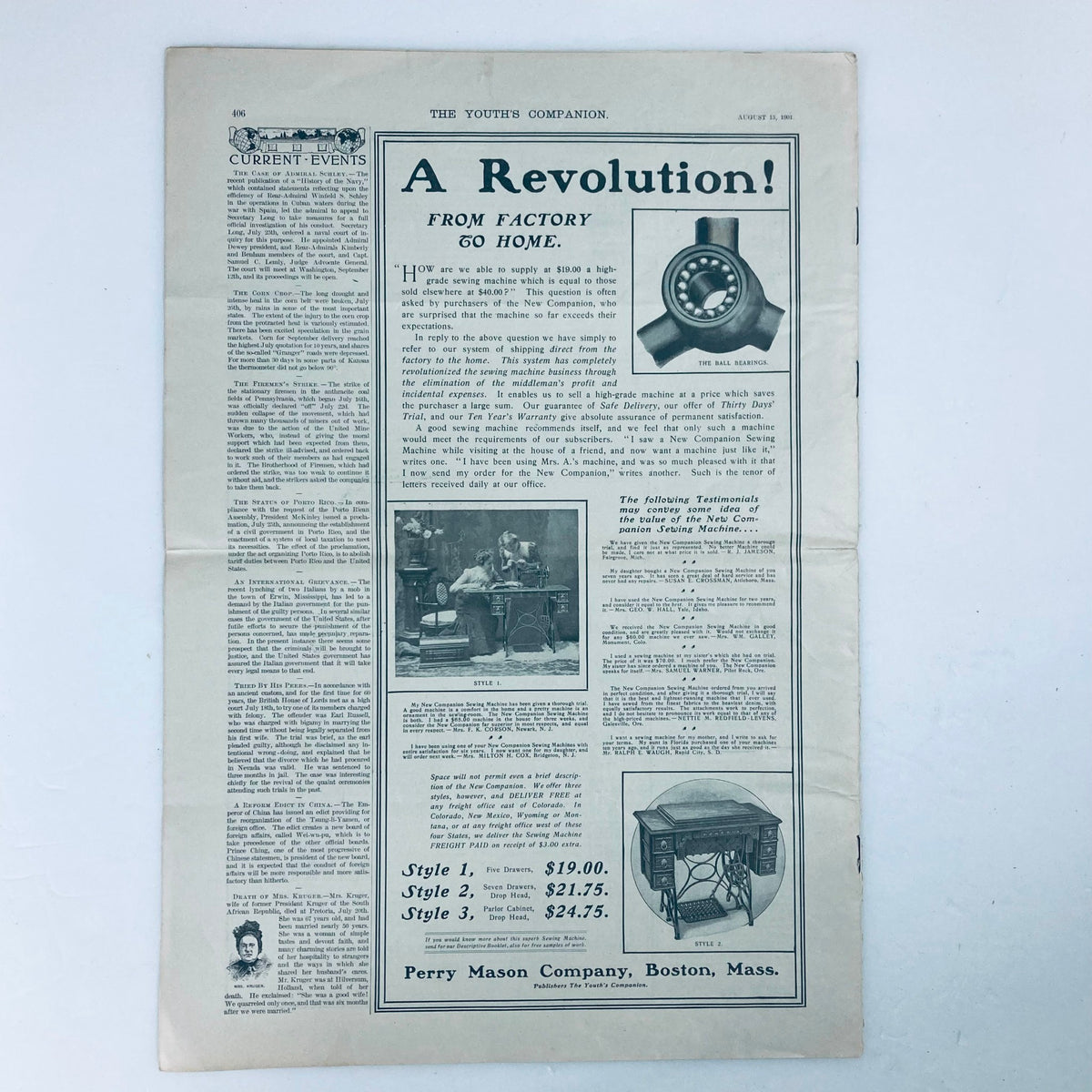 Interior page of VTG The Youth's Companion Magazine dated August 15, 1901 featuring an advertisement for a revolutionary product, showcasing vintage typography and early 20th-century design.