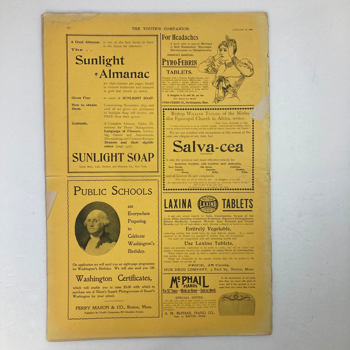 Back cover of VTG The Youth's Companion Magazine from January 16, 1896 showcasing advertisements including Sunlight Soap and Public Schools.
