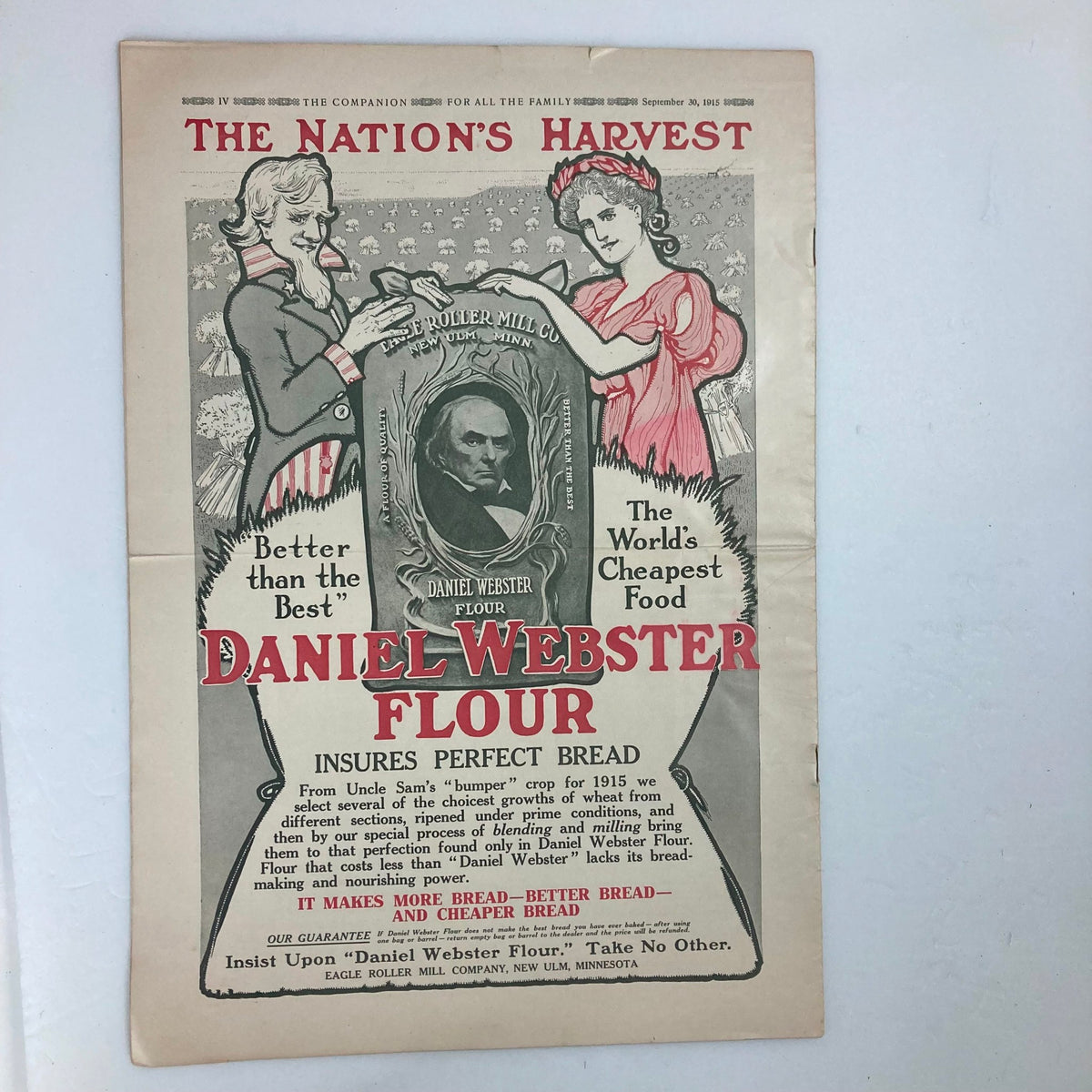 Cover of the vintage VTG The Youth's Companion Magazine dated September 30, 1915, featuring the article 'McCoy's Stampede' and an advertisement for Daniel Webster Flour, showcasing historical design elements.