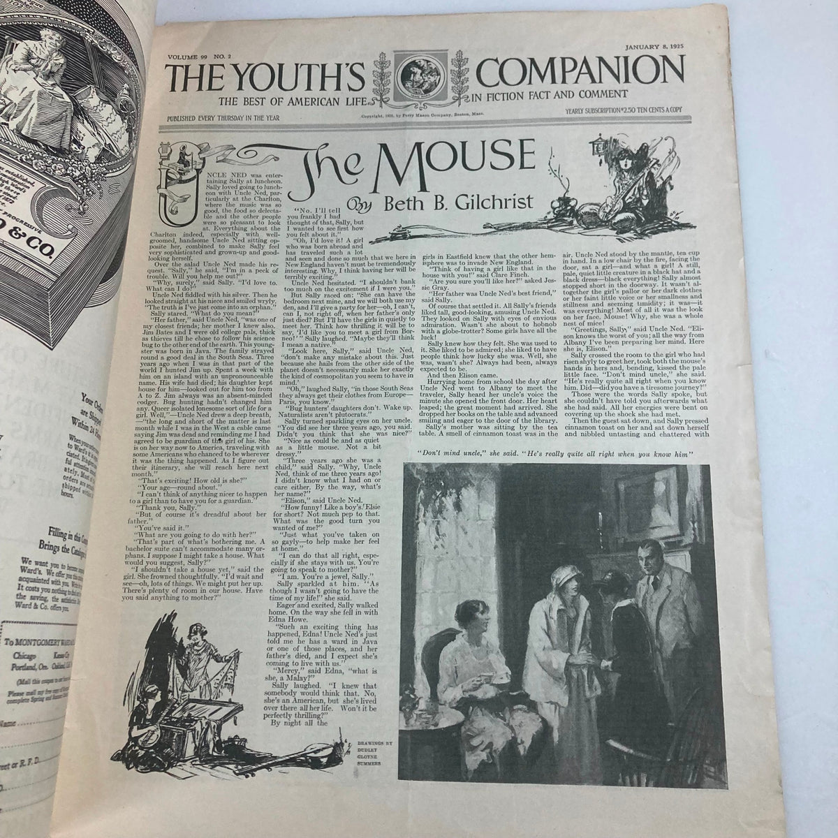 Interior page of VTG The Youth's Companion Magazine January 8 1925, presenting the featured story 'The Mouse' by Beth B. Gilchrist with vintage illustrations and typography.