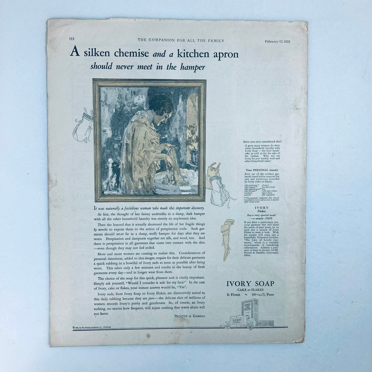 Inside page of VTG The Youth's Companion Magazine February 12 1925, discussing the importance of proper laundry care with illustrations and advertising for Ivory Soap.