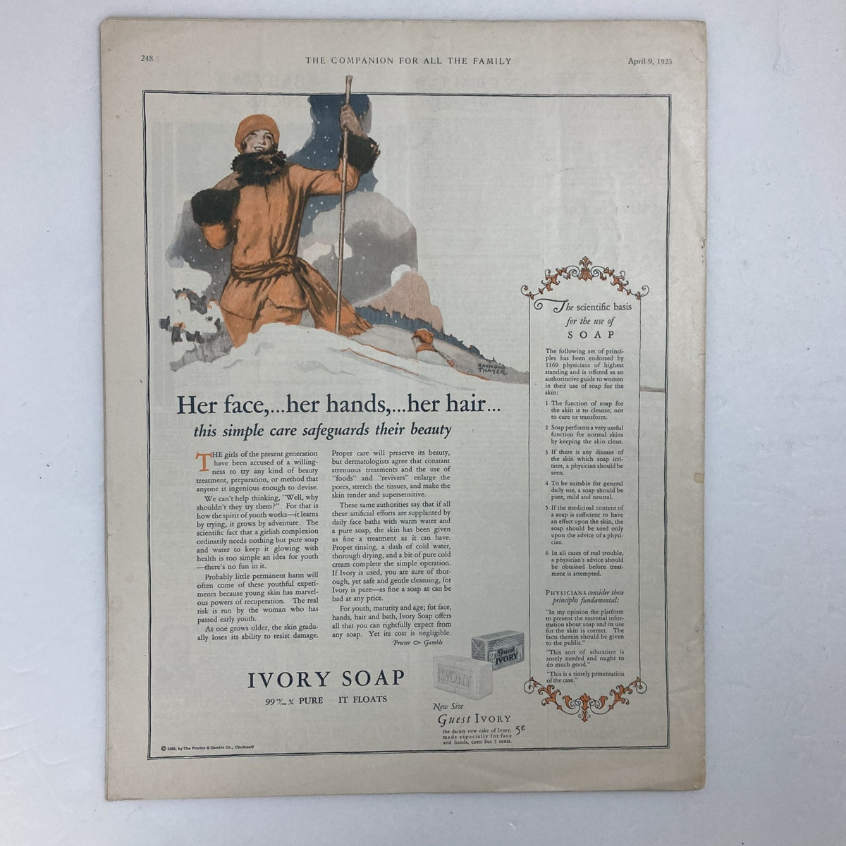 Vintage advertisement for Ivory Soap featured in VTG The Youth's Companion Magazine April 9, 1925, showcasing a person in winter attire promoting skincare and beauty.